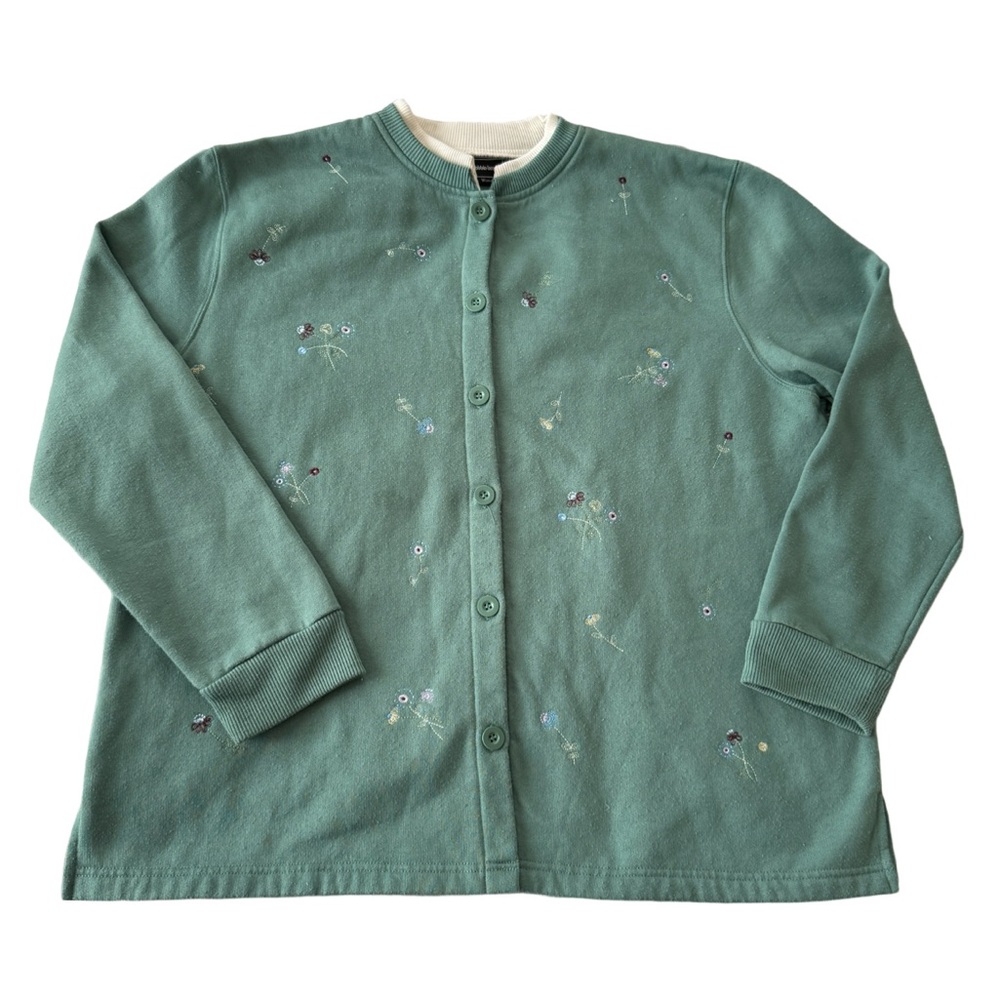 Bobbie Brooks green & cream floral crewneck button-up sweater women’s Sz XL